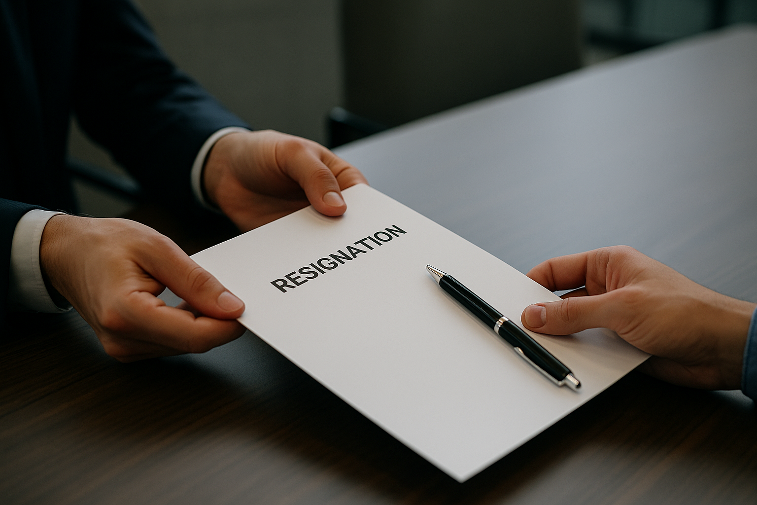 Két kéz irodai környezetben, felmondási dokumentum átadása – munkáltatói felmondás, jogszerű eljárás illusztráció.