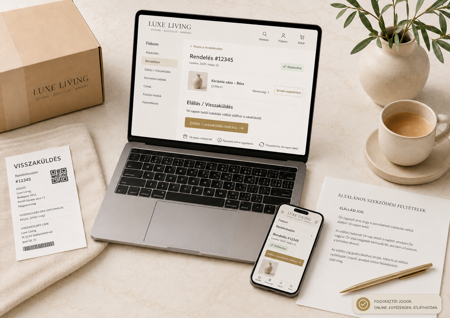 Webshop elállási funkció online vásárlási felületen és ÁSZF dokumentummal